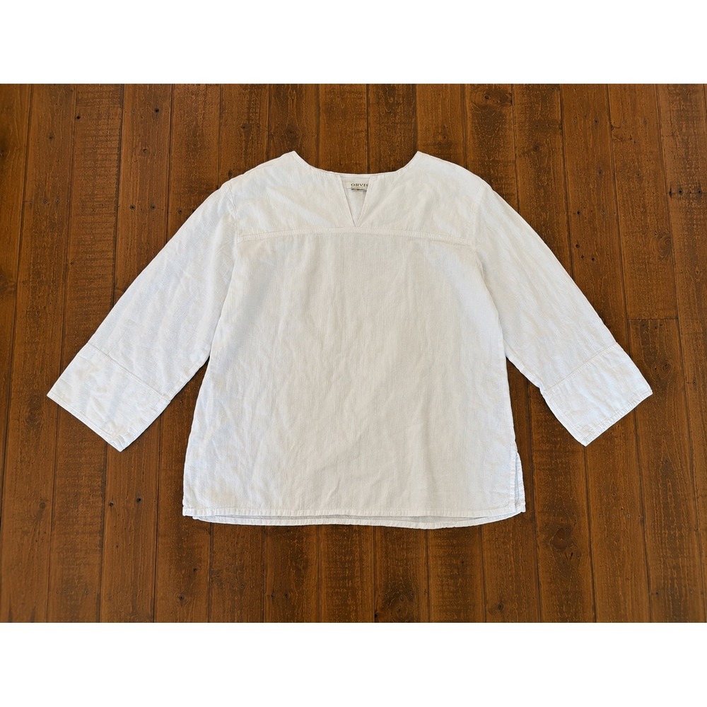 Orvis White Linen Blend Notched V-Neck Tunic Blouse Top Womens Large L